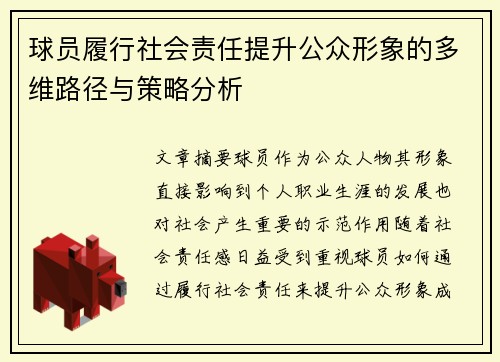 球员履行社会责任提升公众形象的多维路径与策略分析 球员履行社会责任提升公众形象的多维路径与策略分析